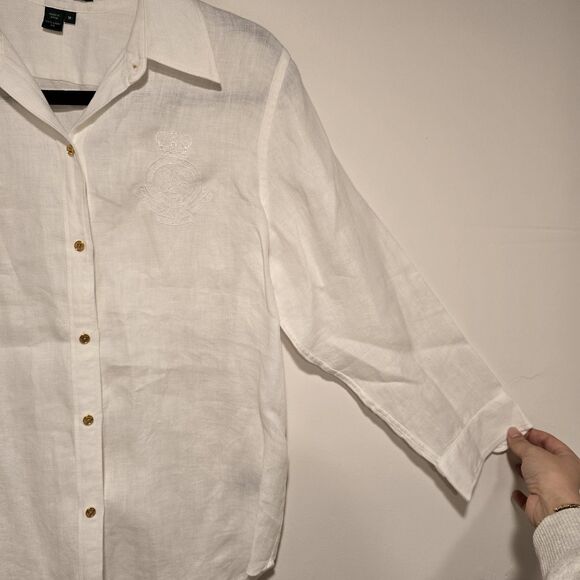 Lauren Ralph Lauren Womens 100% Linen Blouse Shirt Sz M White Embroidered Crest - Picture 6 of 10